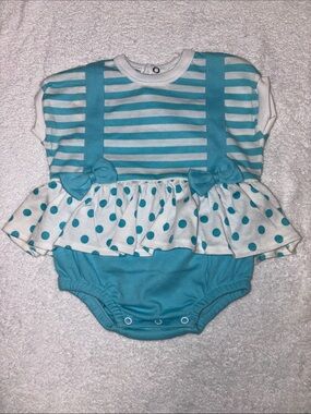 All mine aqua White Striped Polka Dot Baby Ruffle bows vintage nwt 6/9m